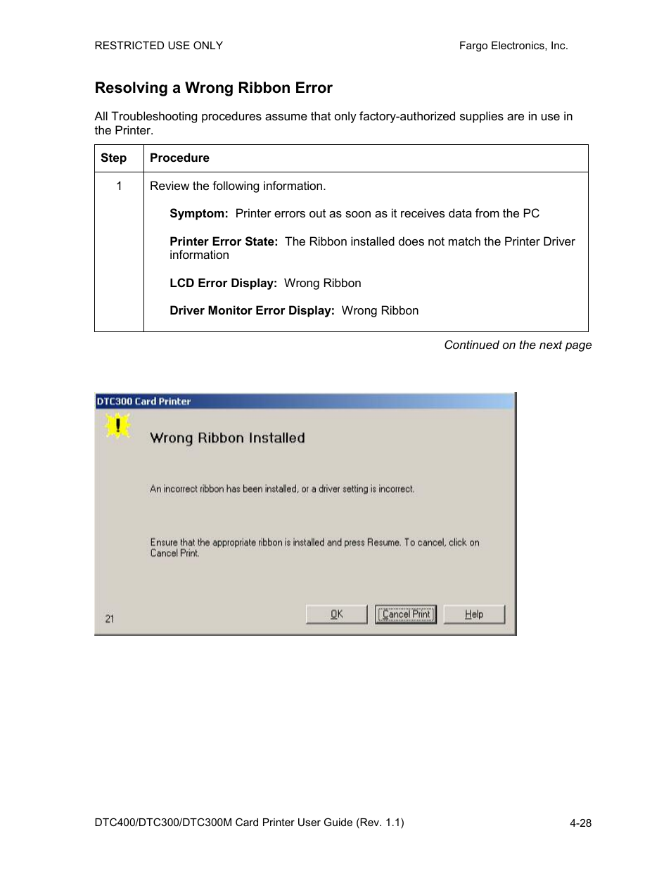 Resolving a wrong ribbon error, Resolving a wrong ribbon error -28 | Fargo DTC300 User Manual | Page 85 / 278