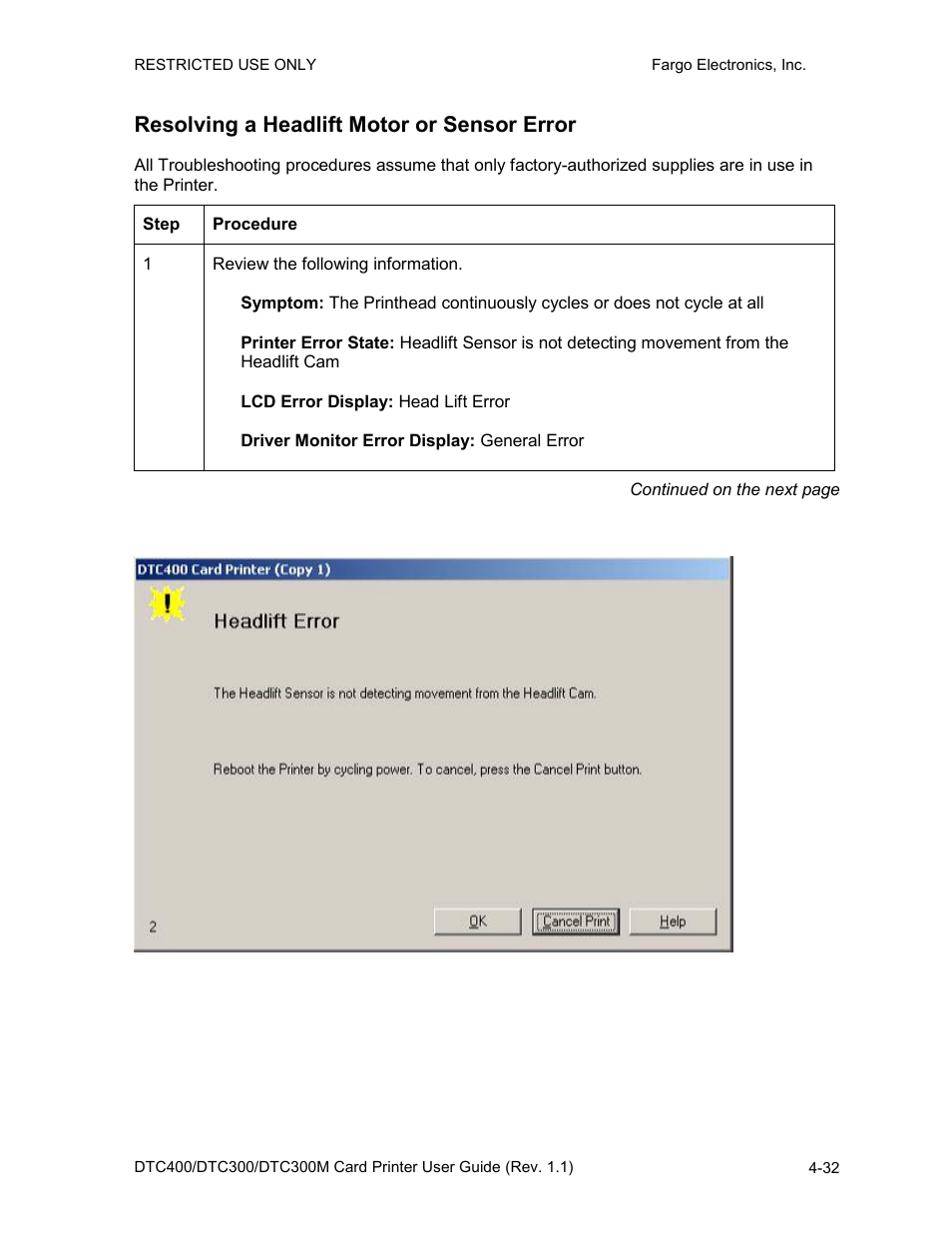 Resolving a headlift motor or sensor error, Resolving a headlift motor or sensor error -32 | Fargo DTC300 User Manual | Page 89 / 278