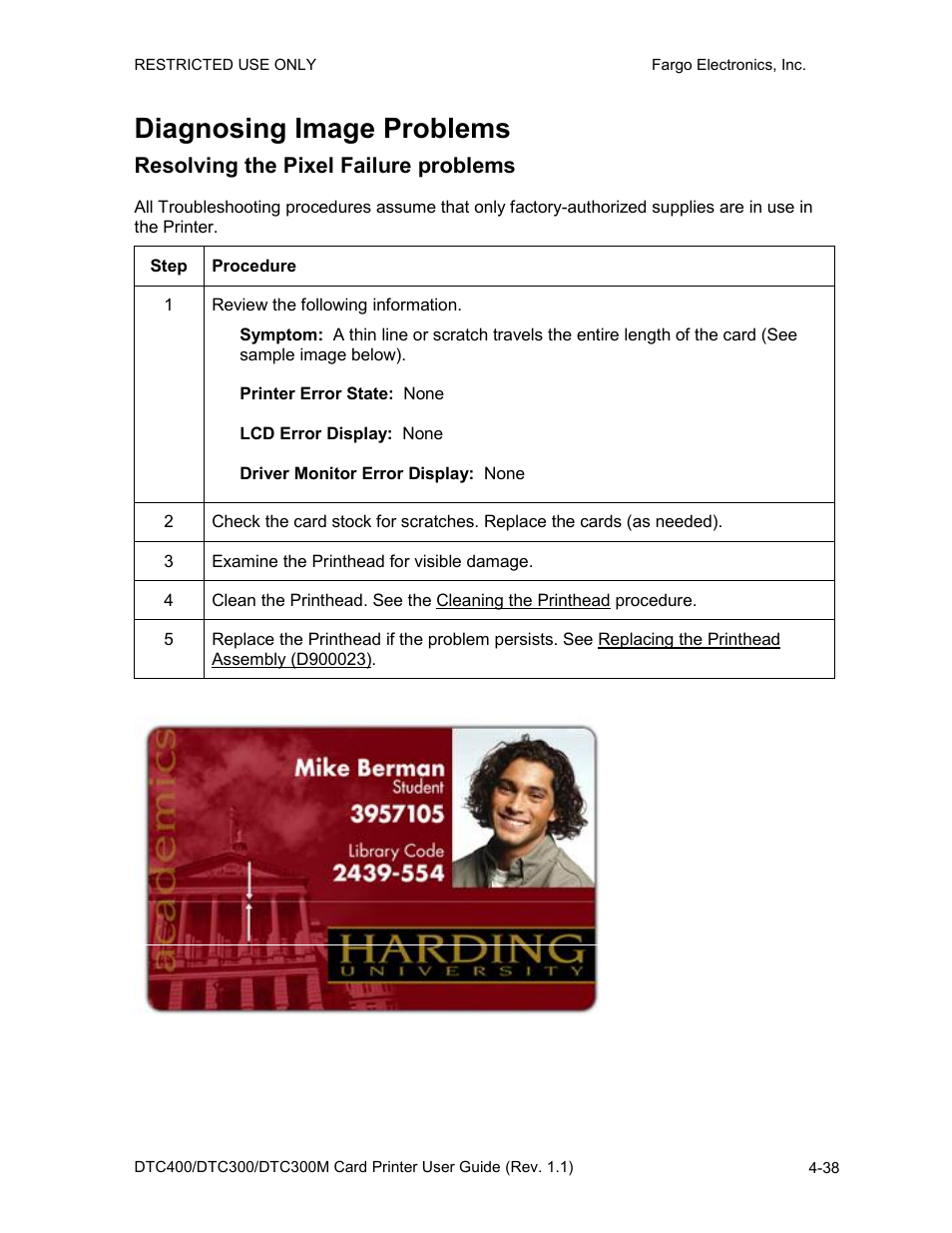Diagnosing image problems, Resolving the pixel failure problems, Diagnosing image problems -38 | Resolving the pixel failure problems -38 | Fargo DTC300 User Manual | Page 95 / 278