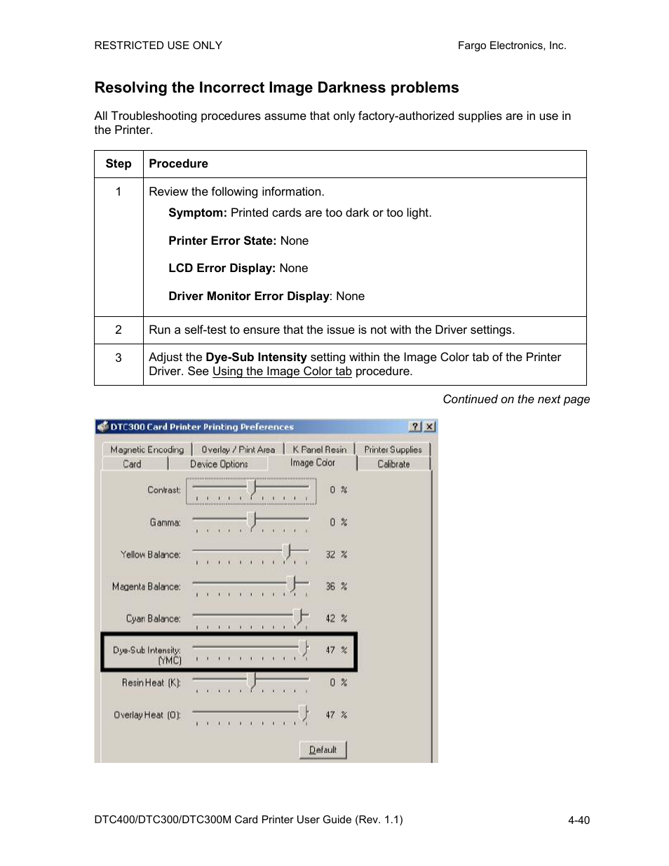 Resolving the incorrect image darkness problems | Fargo DTC300 User Manual | Page 97 / 278