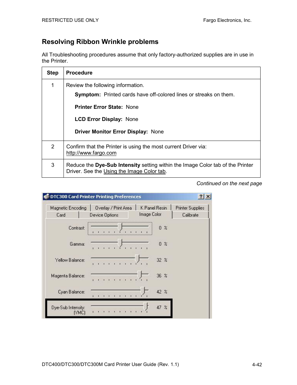 Resolving ribbon wrinkle problems, Resolving ribbon wrinkle problems -42 | Fargo DTC300 User Manual | Page 99 / 278