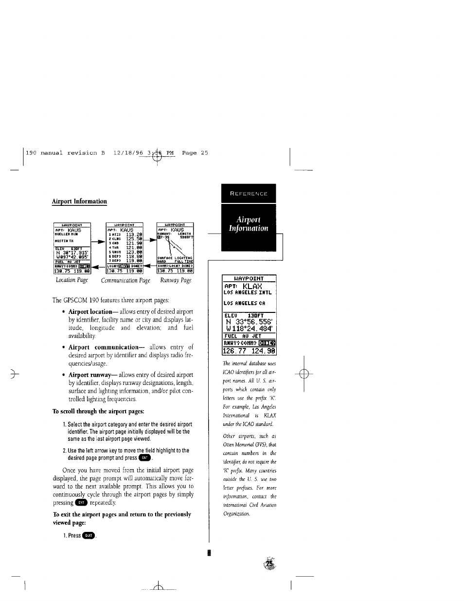 Fipt: klax, H 33*56.556' w 116*2^1.^13^1, Aii-pon | Communication, Page, Eleu gsart | Garmin GPSCOM 190 User Manual | Page 30 / 106