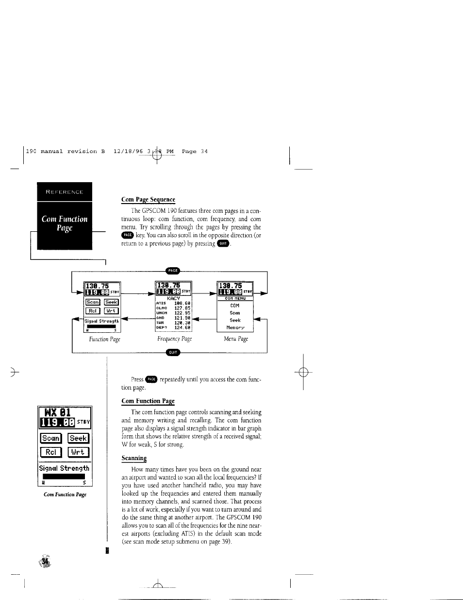 Sccinl seek, Signal strength u s, Com fimcifon | Garmin GPSCOM 190 User Manual | Page 39 / 106