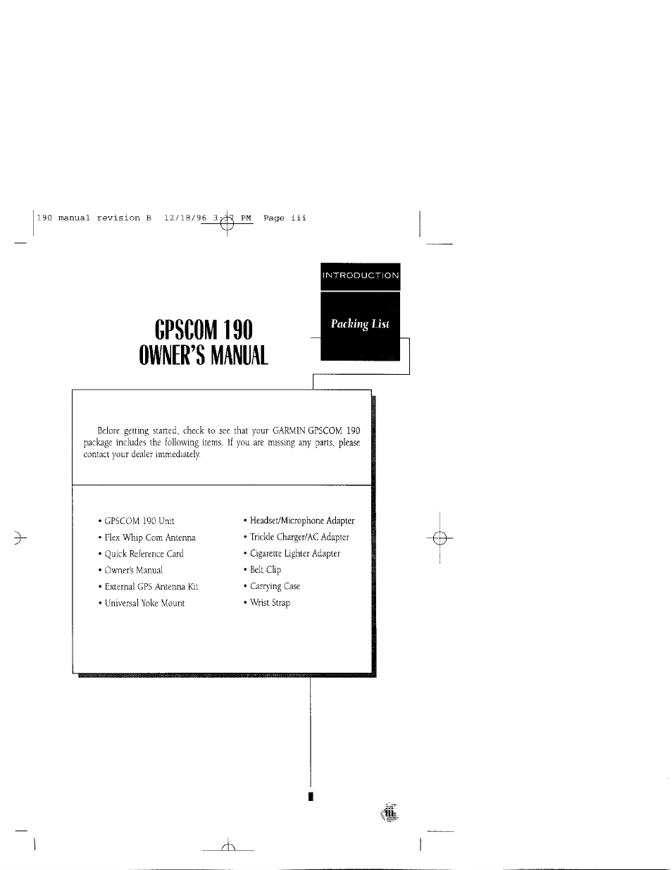 Gpsc0m190 owner’s manual | Garmin GPSCOM 190 User Manual | Page 4 / 106