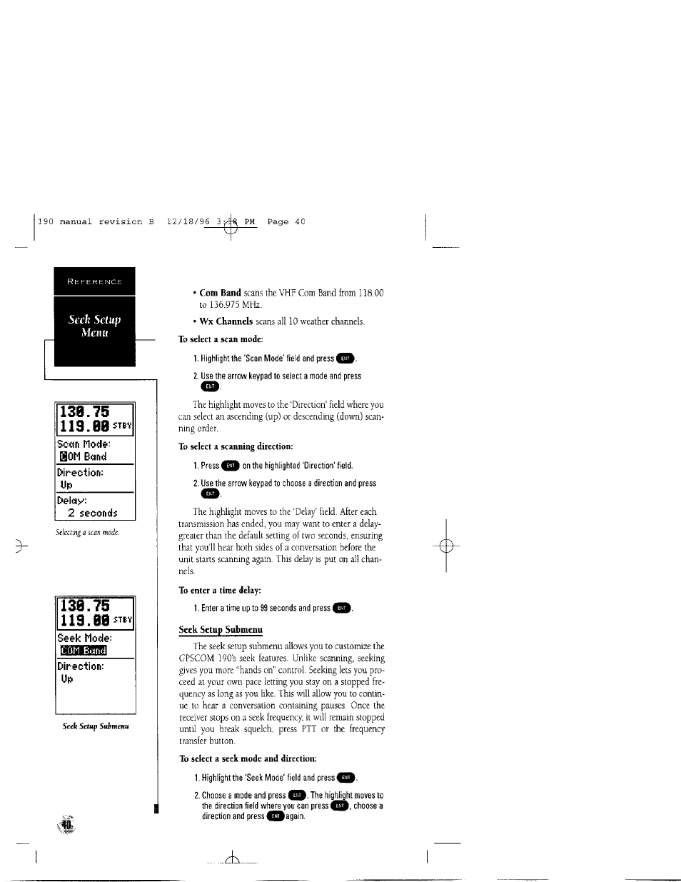 00 stfv, Sc«n mode: bom band, Direction | 75 0b, Seek mode, Com band, Menu | Garmin GPSCOM 190 User Manual | Page 45 / 106