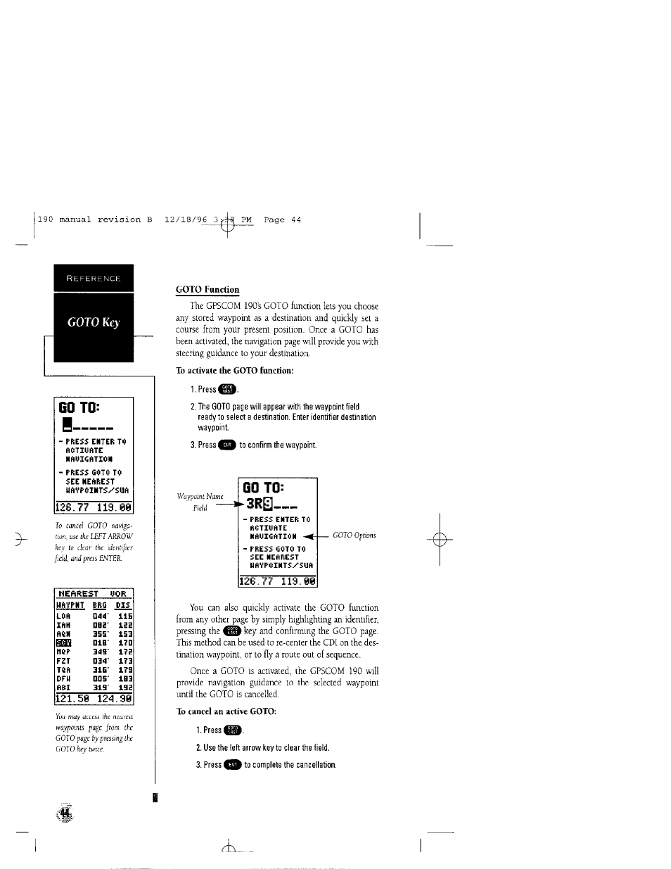 Go to, Goto | Garmin GPSCOM 190 User Manual | Page 49 / 106