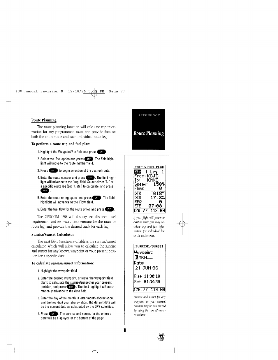 Route plrtiuting, Dtk 018^ dis, 21 jun 96 | Garmin GPSCOM 190 User Manual | Page 82 / 106