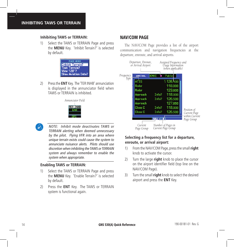 Nav/com page, Bottom row annunciators and messages | Garmin GNS 530 User Manual | Page 14 / 22