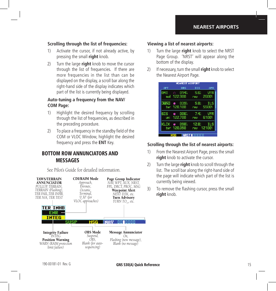 Bottom row annunciators and messages | Garmin GNS 530 User Manual | Page 15 / 22