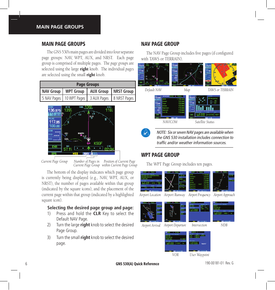 Main page groups, Nav page group, Wpt page group | Garmin GNS 530 User Manual | Page 6 / 22