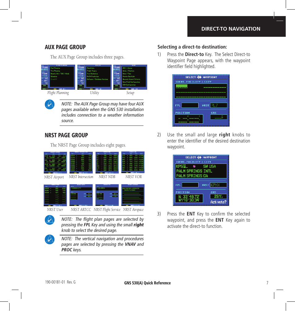 Aux page group, Nrst page group | Garmin GNS 530 User Manual | Page 7 / 22