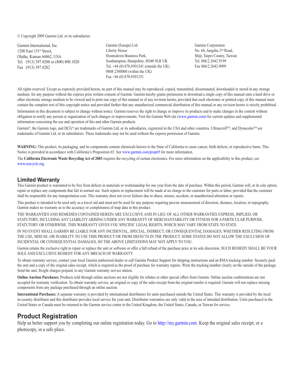 Product registration, Limited warranty | Garmin GSD22 User Manual | Page 2 / 8