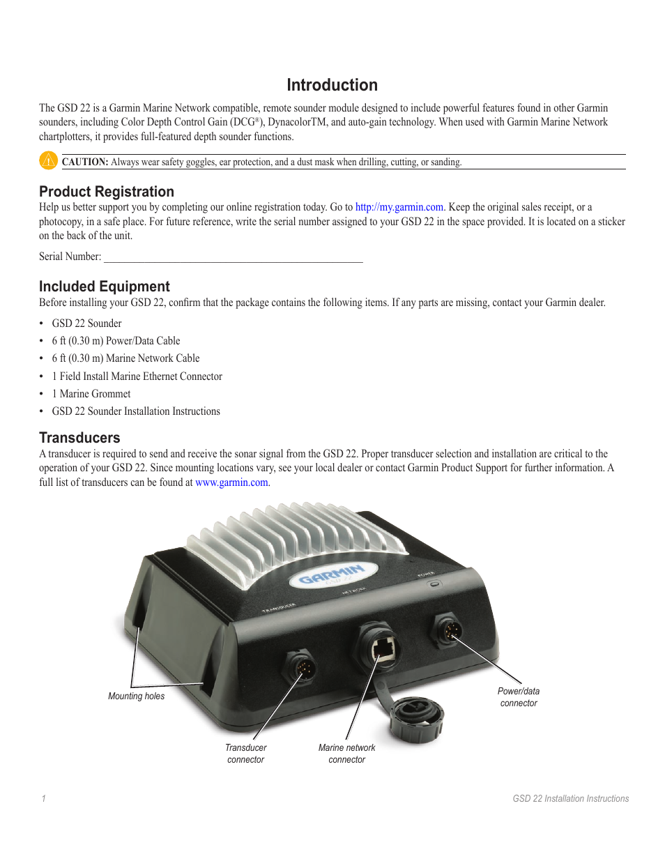 Introduction, Product registration, Included equipment | Transducers | Garmin GSD22 User Manual | Page 3 / 8