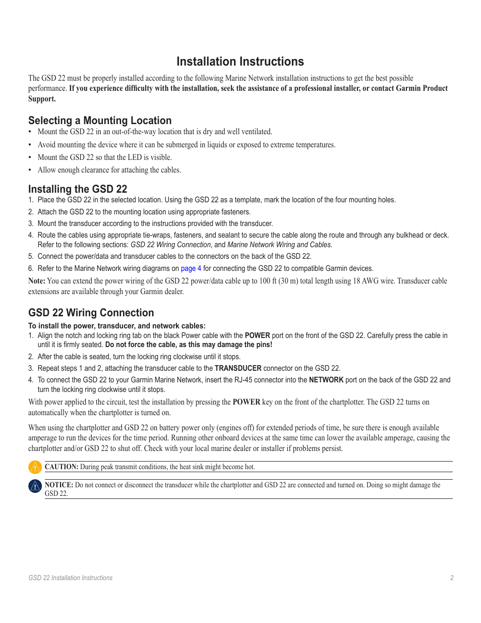 Installation instructions, Selecting a mounting location, Installing the gsd 22 | Gsd 22 wiring connection | Garmin GSD22 User Manual | Page 4 / 8