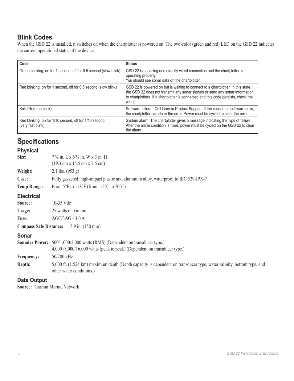 Blink codes, Pecifications | Garmin GSD22 User Manual | Page 7 / 8