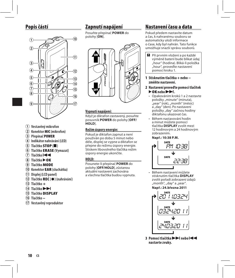 Popis částí, Zapnutí napájení, Nastavení času a data | Olympus VN-750 User Manual | Page 10 / 92