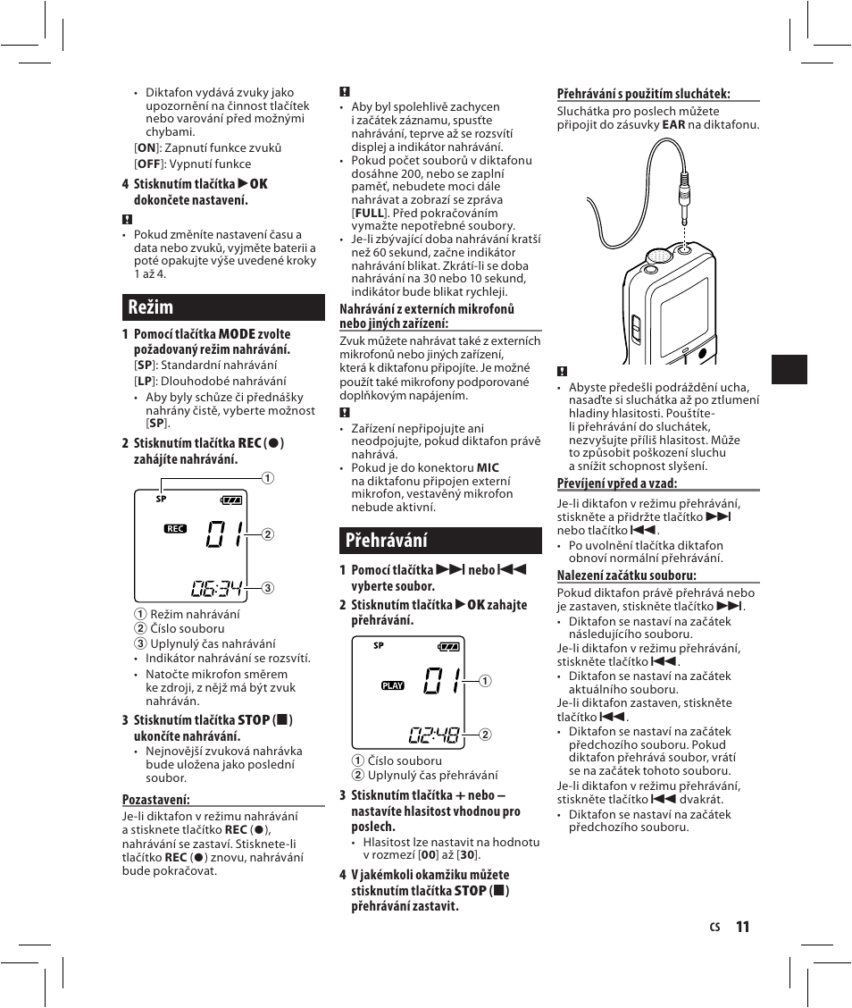 Režim, Přehrávání | Olympus VN-750 User Manual | Page 11 / 92