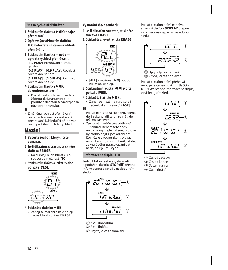 Mazání | Olympus VN-750 User Manual | Page 12 / 92