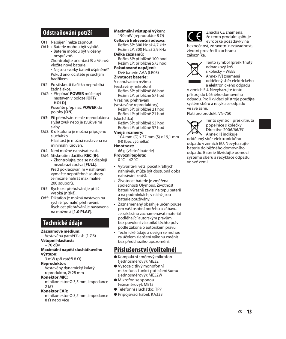 Odstraňování potíží, Technické údaje, Příslušenství (volitelné) | Olympus VN-750 User Manual | Page 13 / 92