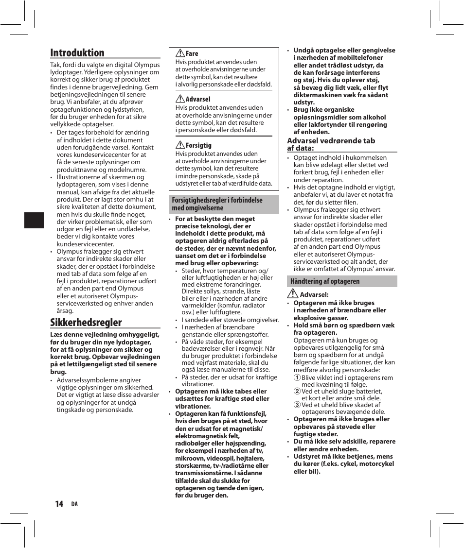 Introduktion, Sikkerhedsregler | Olympus VN-750 User Manual | Page 14 / 92