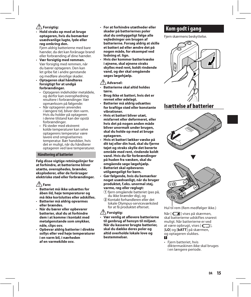 Kom godt i gang, Isættelse af batterier | Olympus VN-750 User Manual | Page 15 / 92