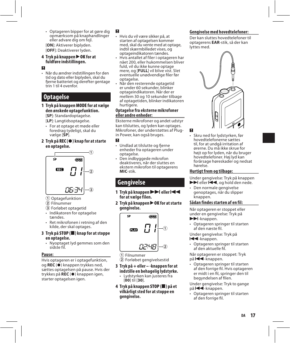 Optagelse, Gengivelse | Olympus VN-750 User Manual | Page 17 / 92