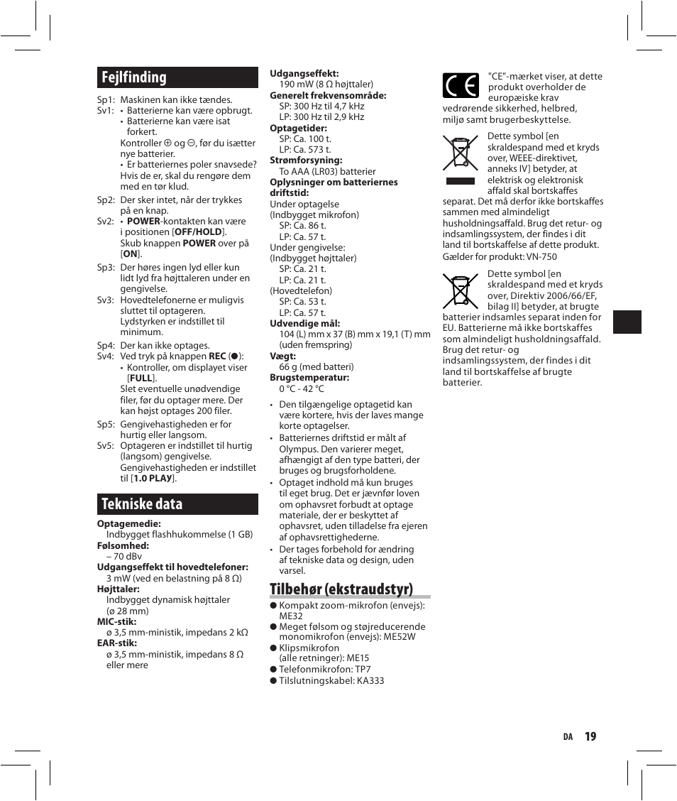 Fejlfinding, Tekniske data, Tilbehør (ekstraudstyr) | Olympus VN-750 User Manual | Page 19 / 92