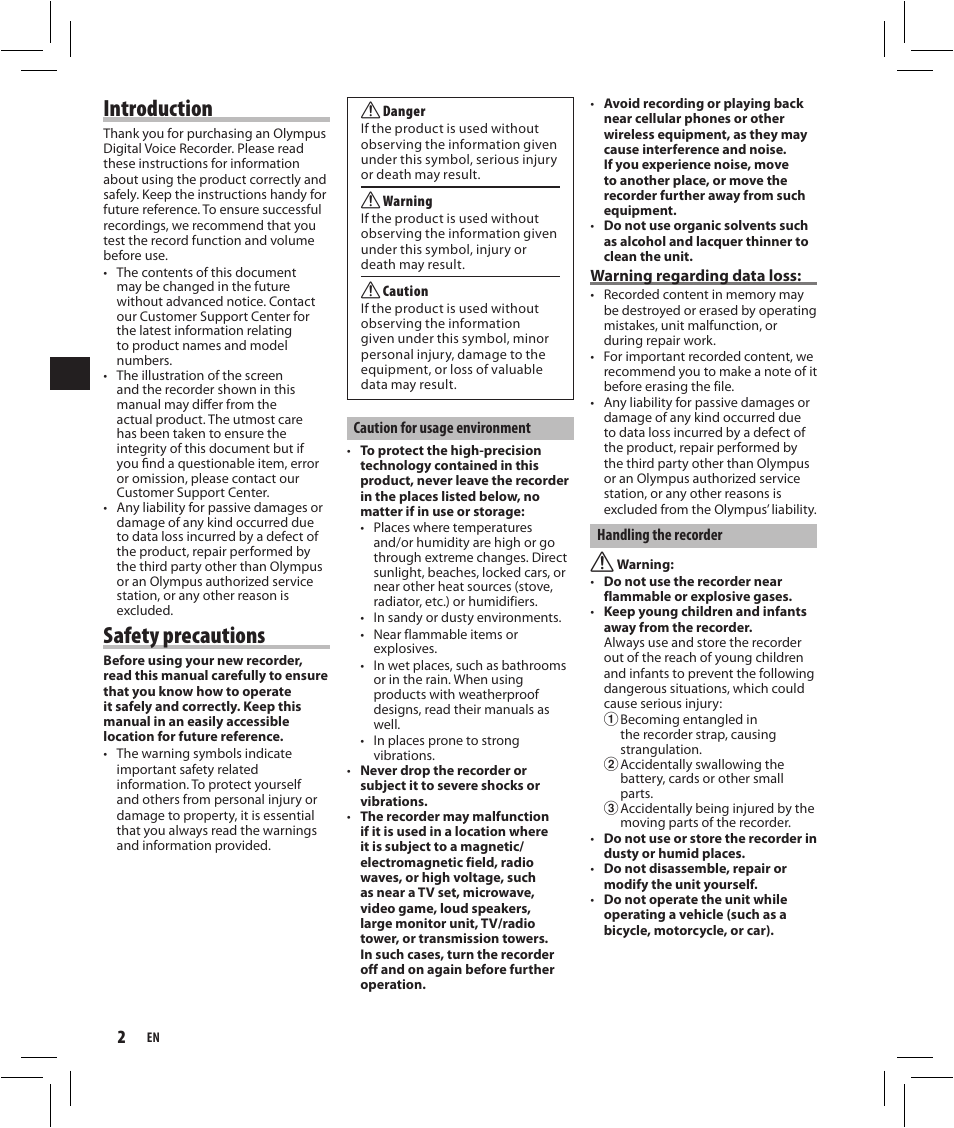 Introduction, Safety precautions | Olympus VN-750 User Manual | Page 2 / 92