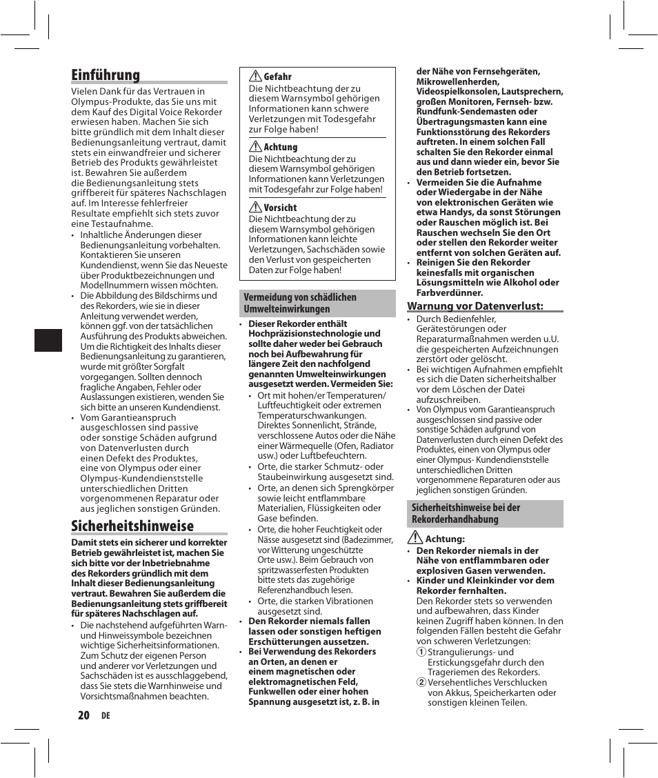 Einführung, Sicherheitshinweise | Olympus VN-750 User Manual | Page 20 / 92