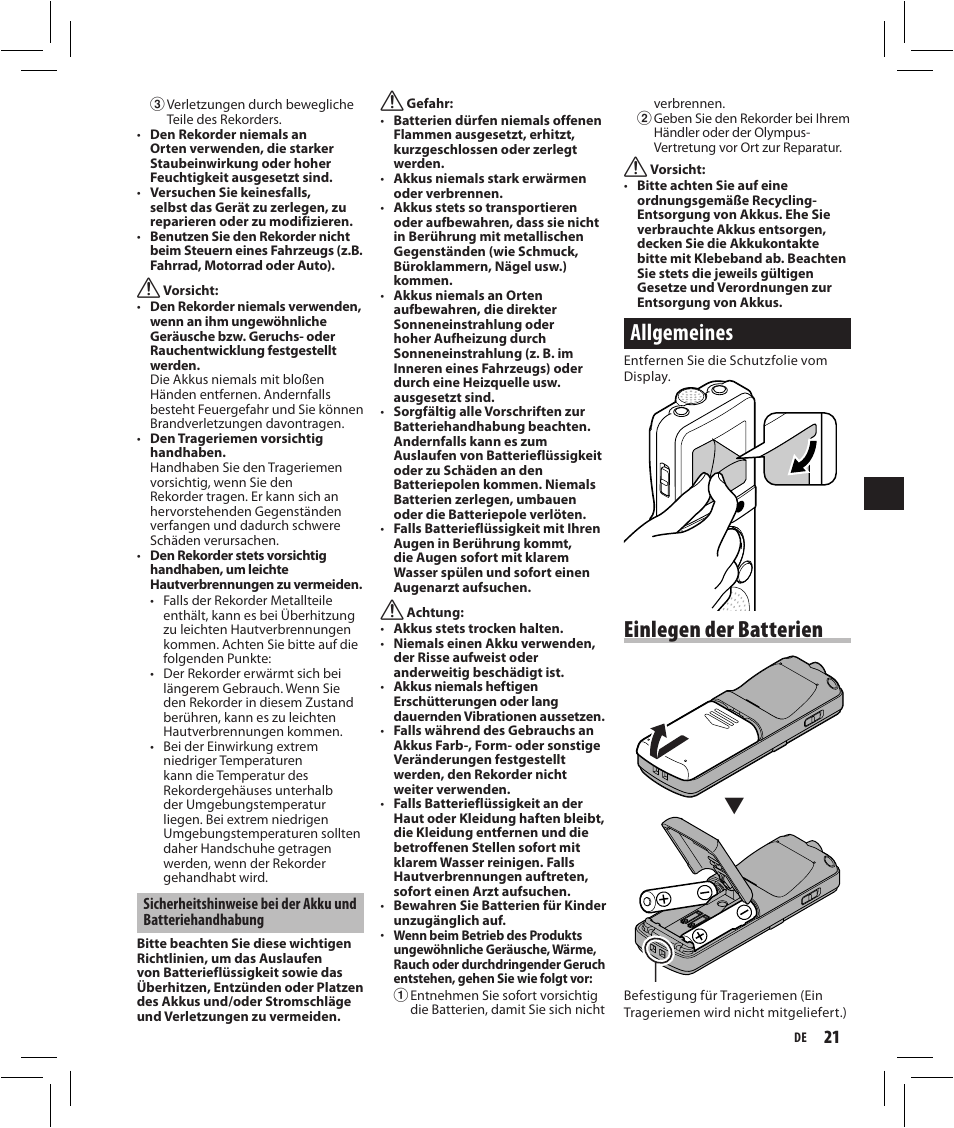 Allgemeines, Einlegen der batterien | Olympus VN-750 User Manual | Page 21 / 92