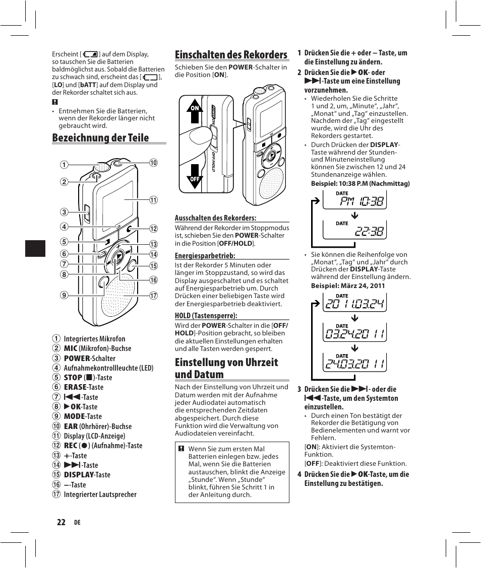 Bezeichnung der teile, Einschalten des rekorders, Einstellung von uhrzeit und datum | Olympus VN-750 User Manual | Page 22 / 92
