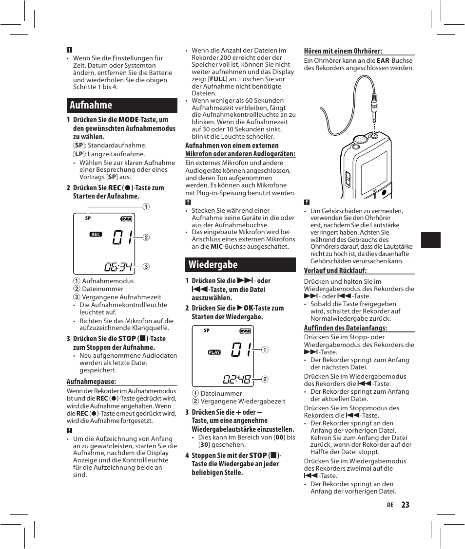 Aufnahme, Wiedergabe | Olympus VN-750 User Manual | Page 23 / 92