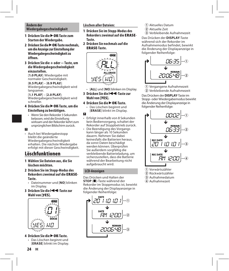 Löschfunktionen | Olympus VN-750 User Manual | Page 24 / 92