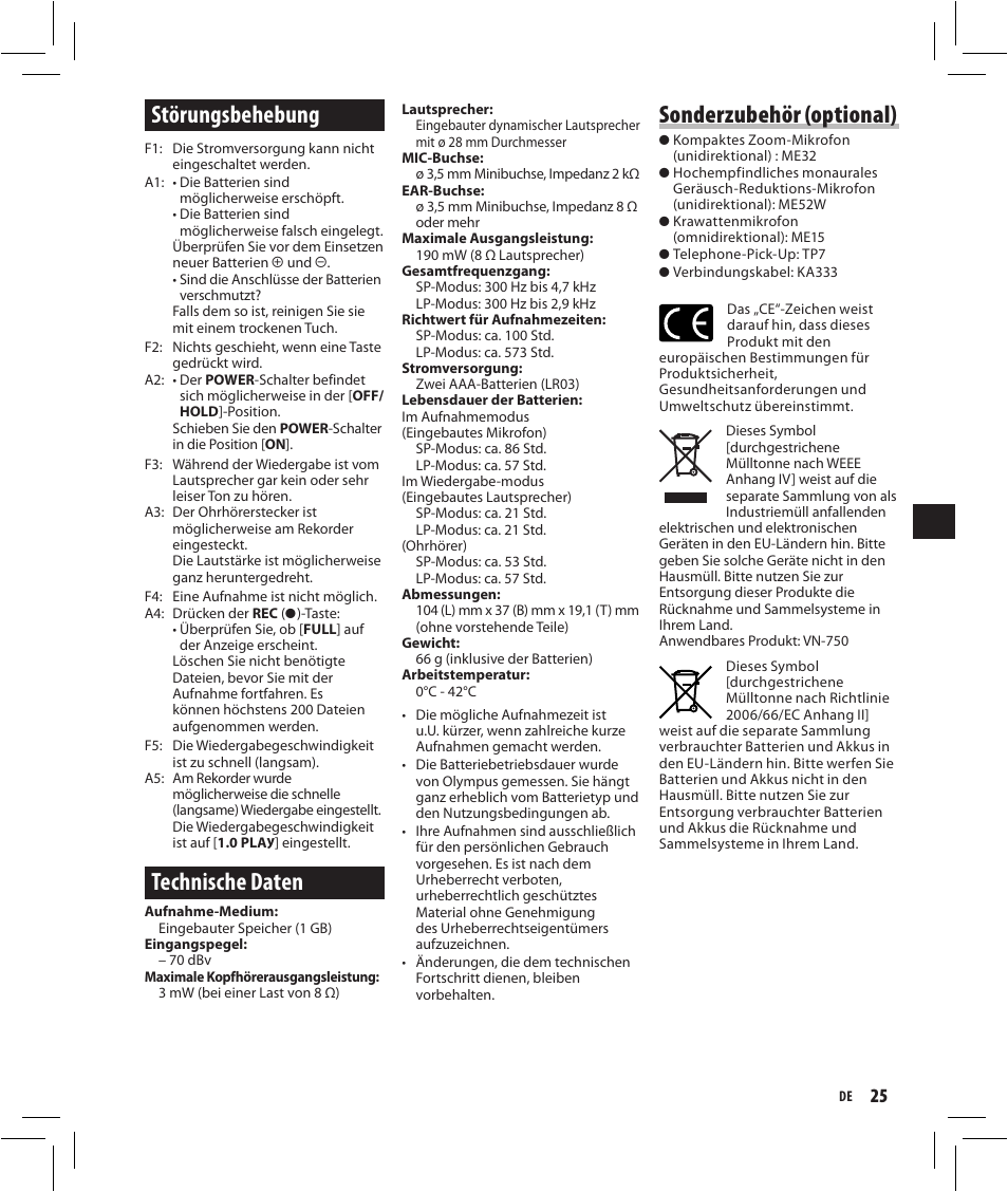 Störungsbehebung, Technische daten, Sonderzubehör (optional) | Olympus VN-750 User Manual | Page 25 / 92