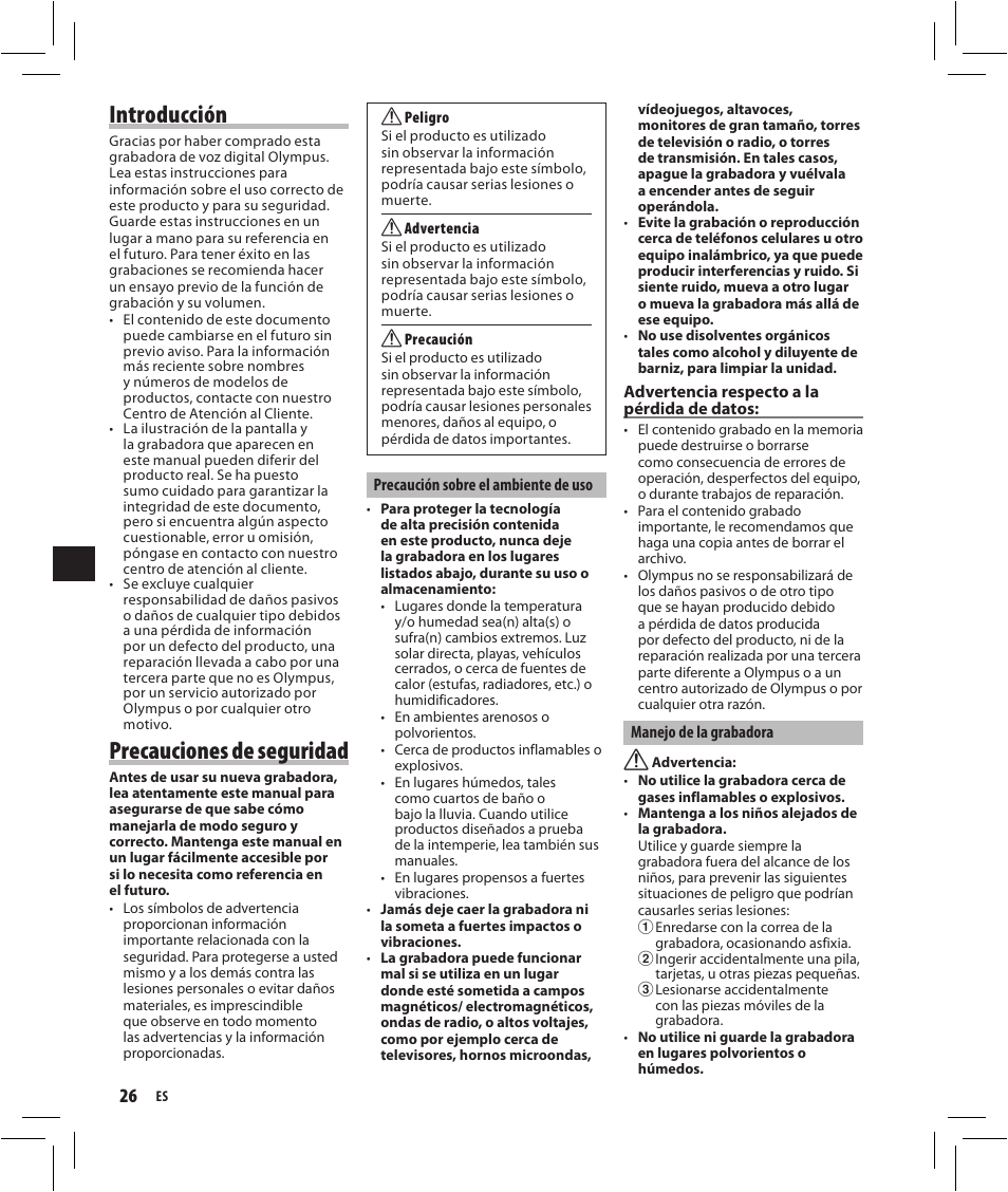 Introducción, Precauciones de seguridad | Olympus VN-750 User Manual | Page 26 / 92
