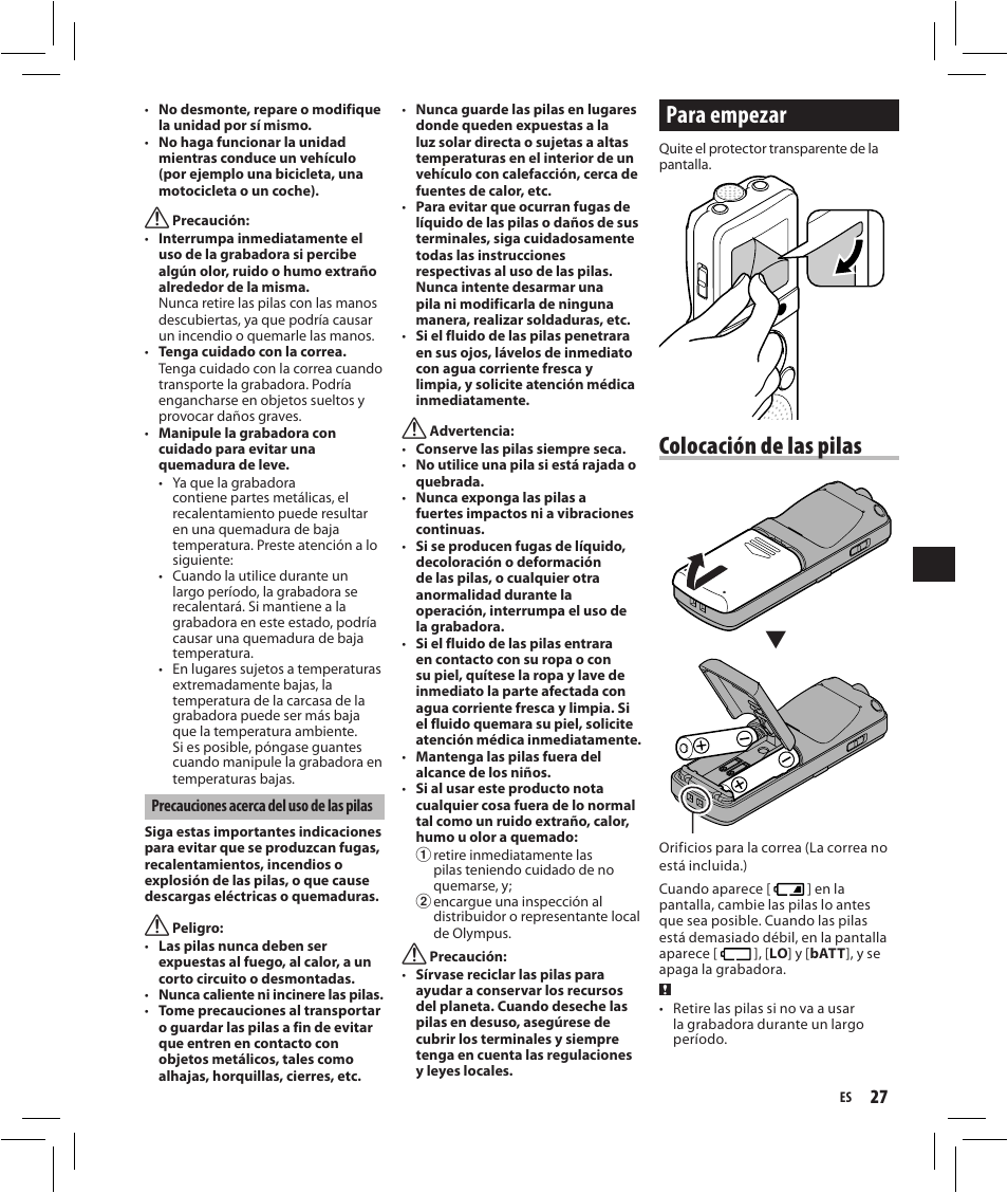 Para empezar, Colocación de las pilas | Olympus VN-750 User Manual | Page 27 / 92