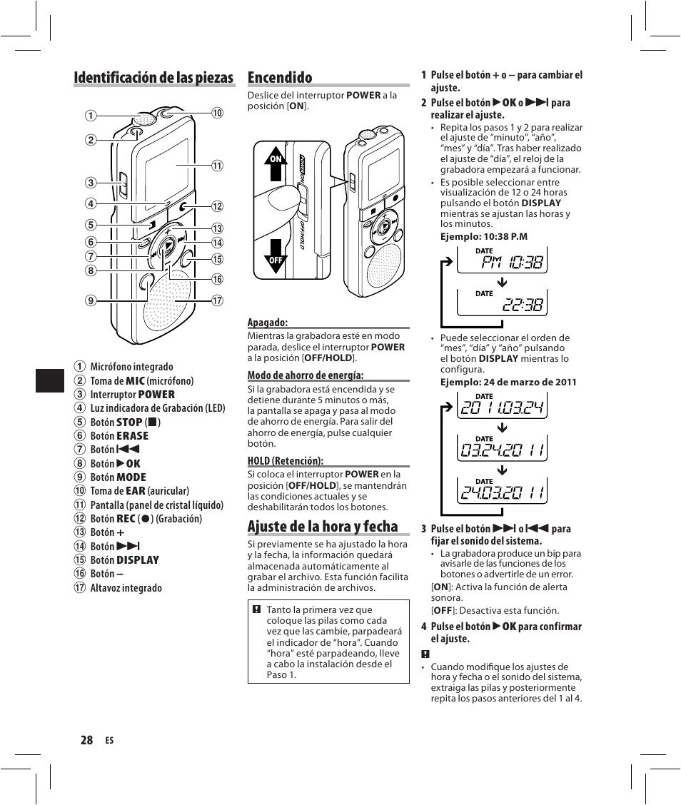 Identificación de las piezas, Encendido, Ajuste de la hora y fecha | Olympus VN-750 User Manual | Page 28 / 92