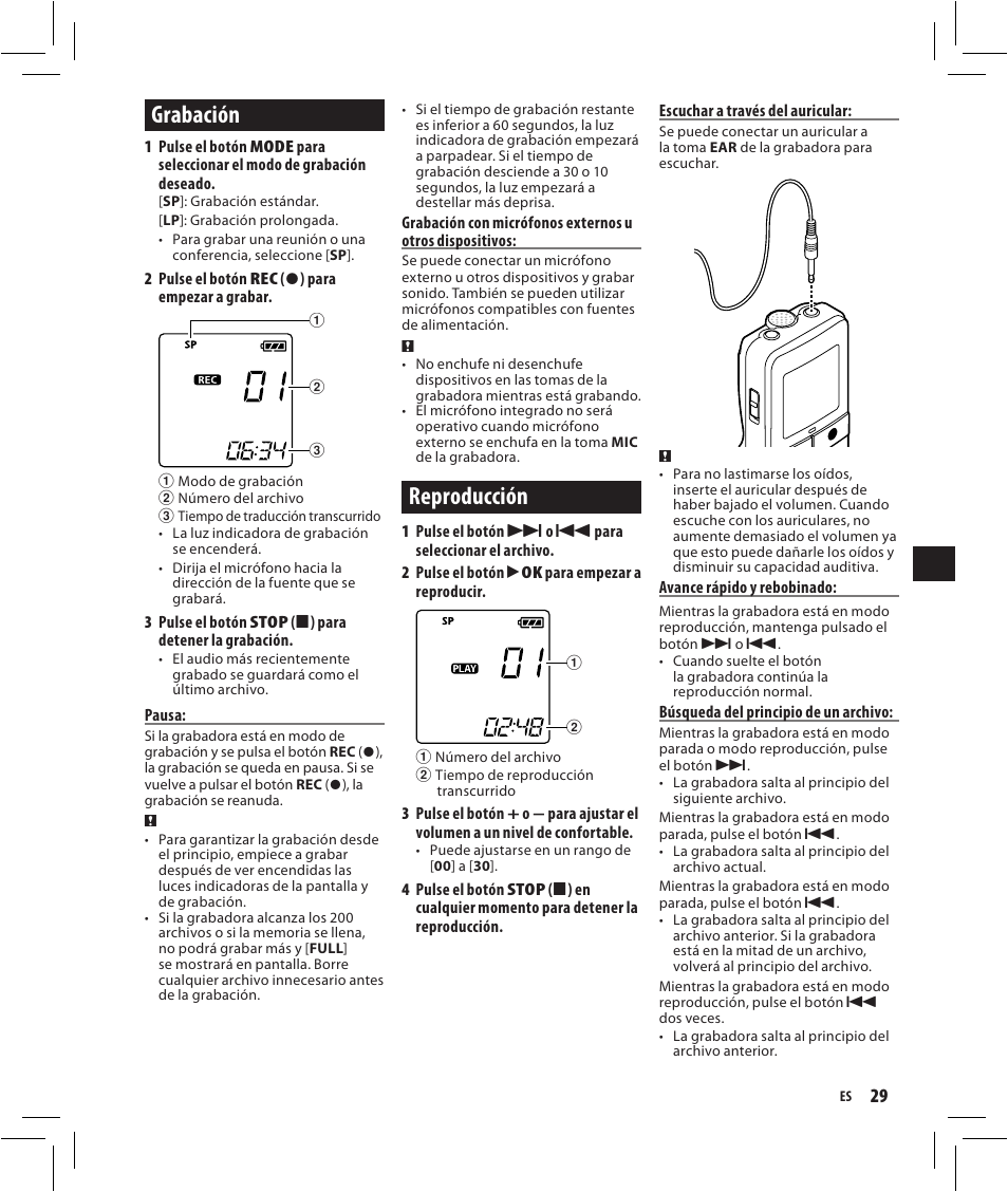 Grabación, Reproducción | Olympus VN-750 User Manual | Page 29 / 92