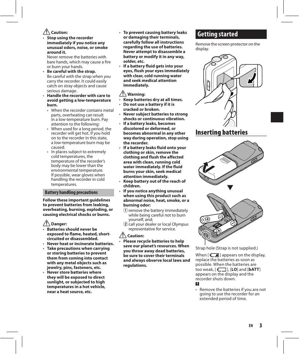 Getting started, Inserting batteries | Olympus VN-750 User Manual | Page 3 / 92
