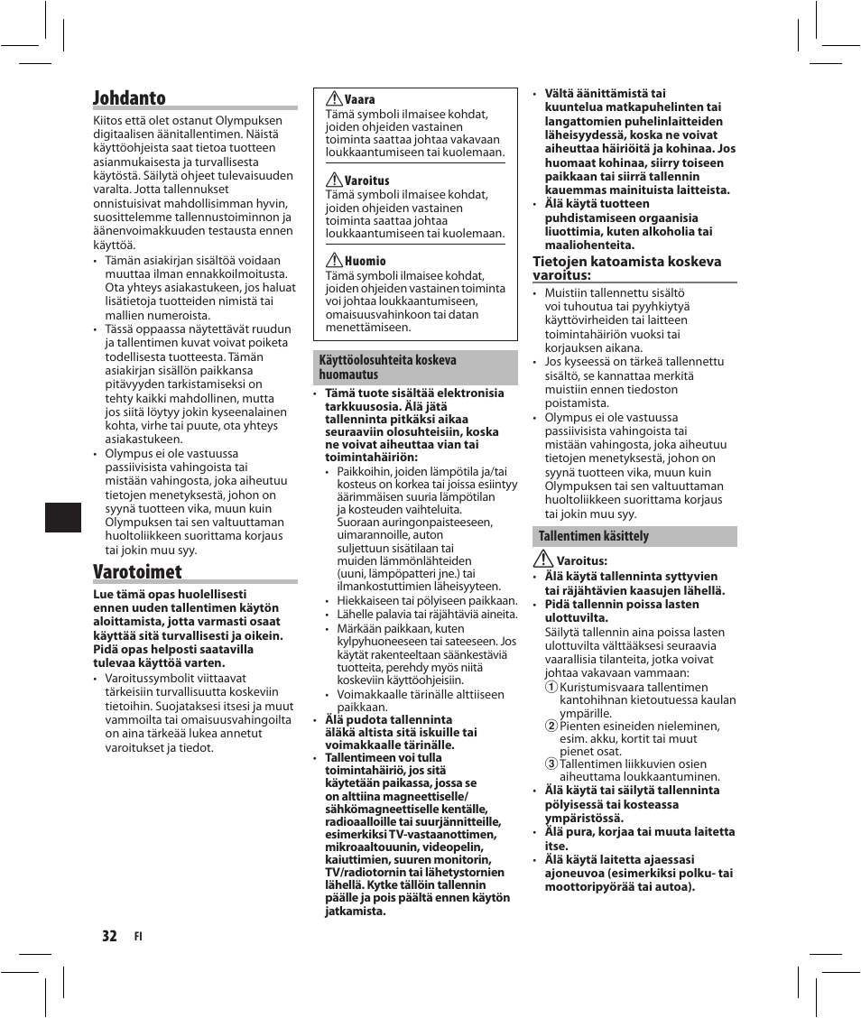 Johdanto, Varotoimet | Olympus VN-750 User Manual | Page 32 / 92