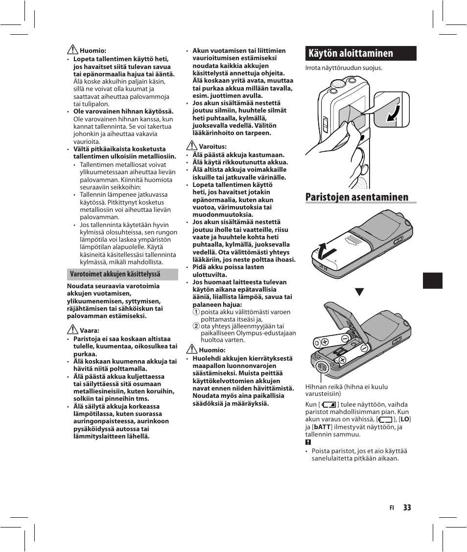 Käytön aloittaminen, Paristojen asentaminen | Olympus VN-750 User Manual | Page 33 / 92