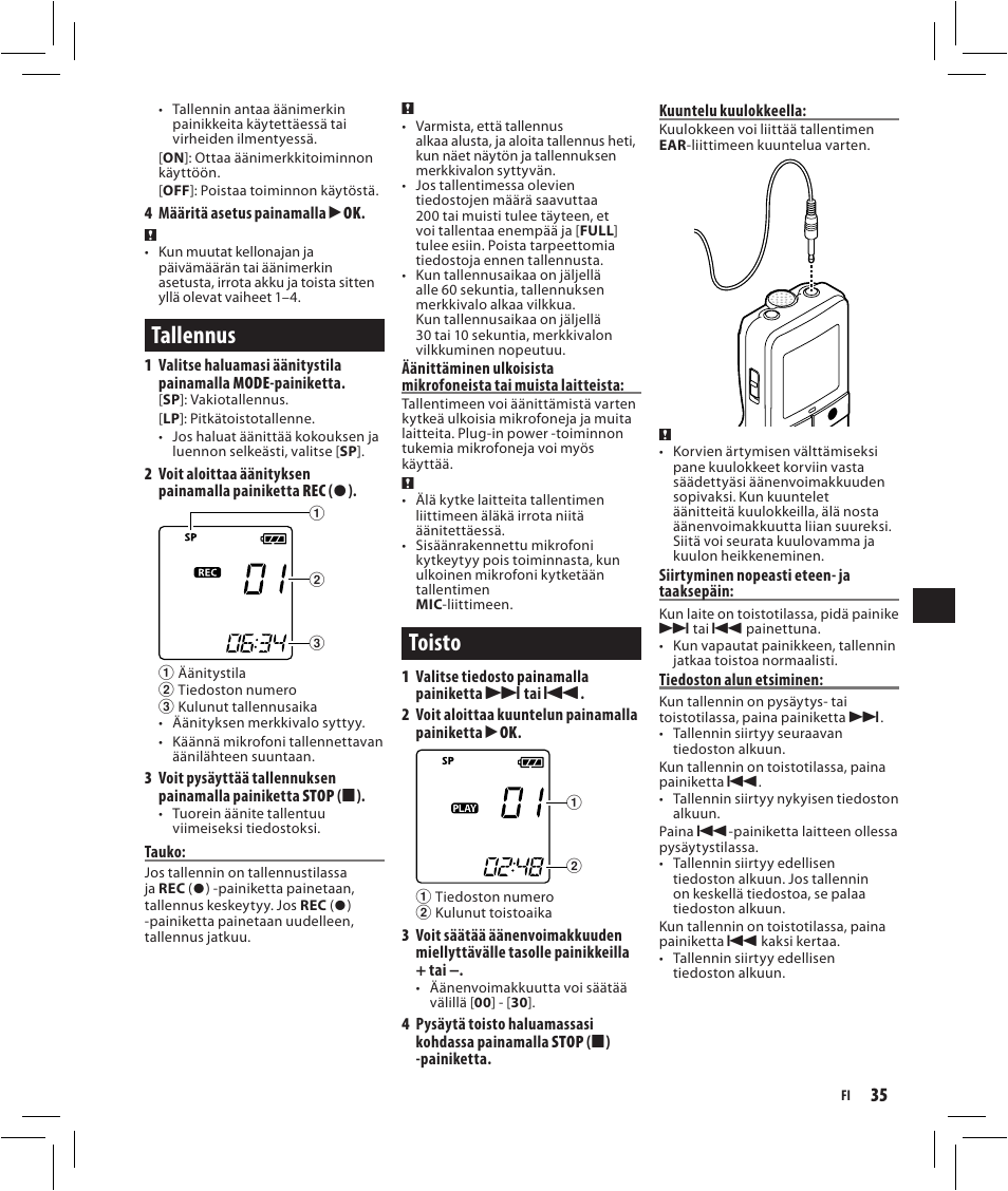 Tallennus, Toisto | Olympus VN-750 User Manual | Page 35 / 92