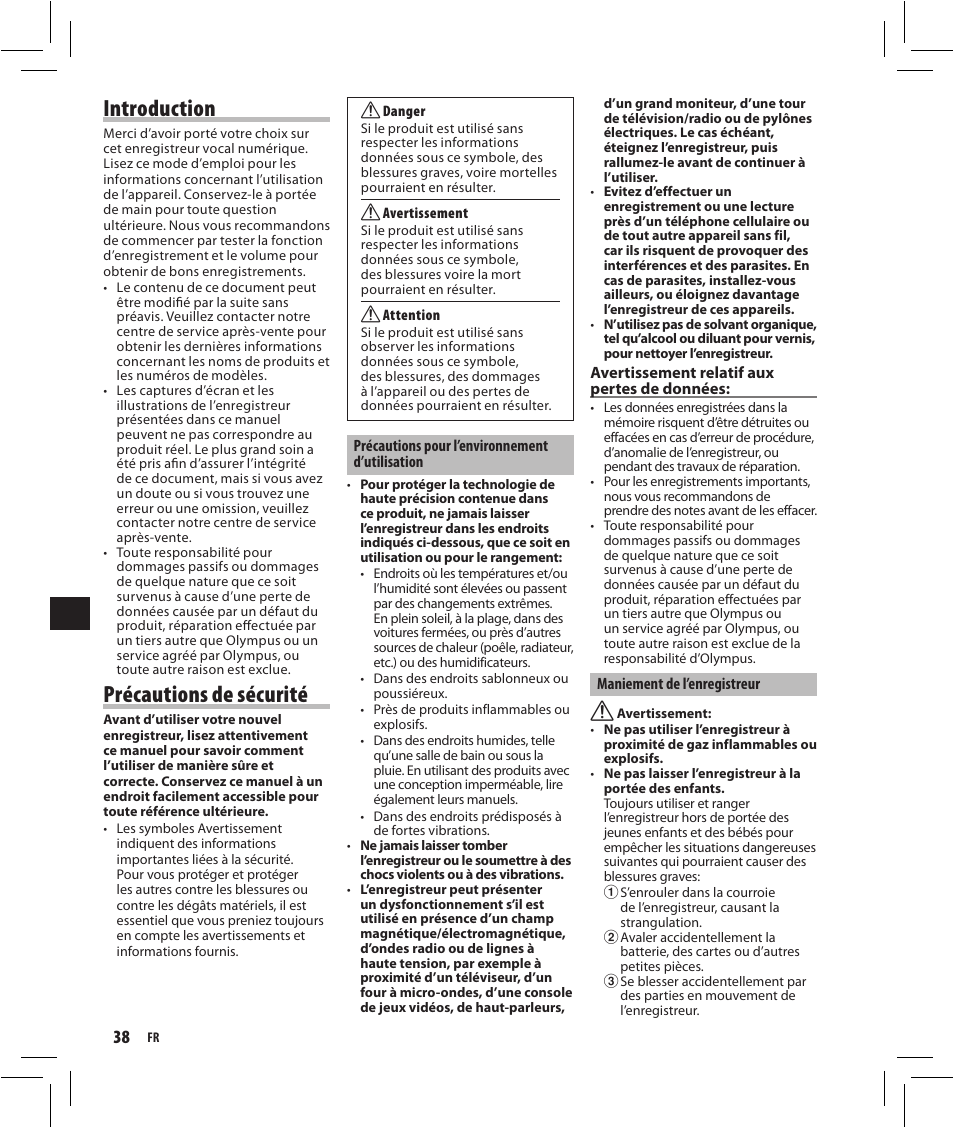 Introduction, Précautions de sécurité | Olympus VN-750 User Manual | Page 38 / 92