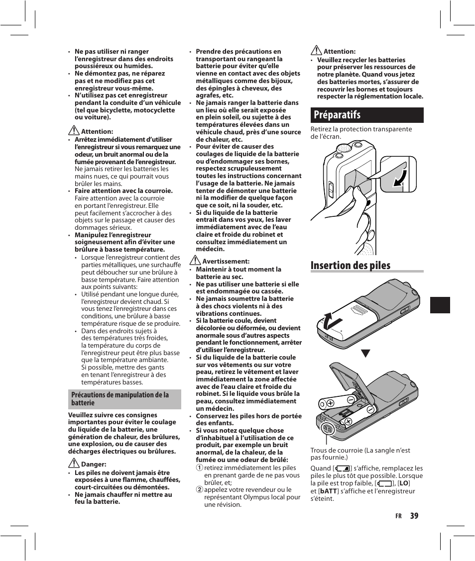 Préparatifs, Insertion des piles | Olympus VN-750 User Manual | Page 39 / 92