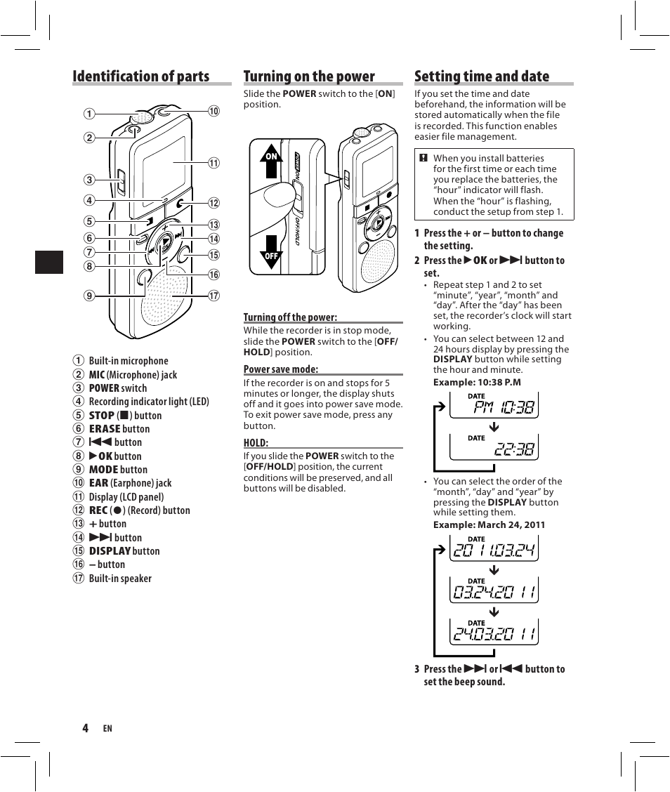 Identification of parts, Turning on the power, Setting time and date | Olympus VN-750 User Manual | Page 4 / 92