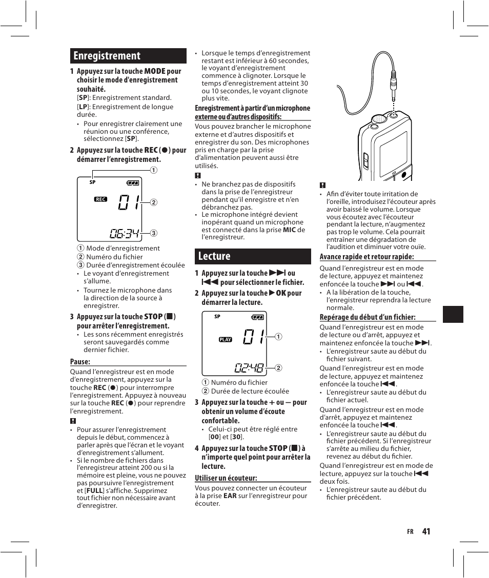 Enregistrement, Lecture | Olympus VN-750 User Manual | Page 41 / 92