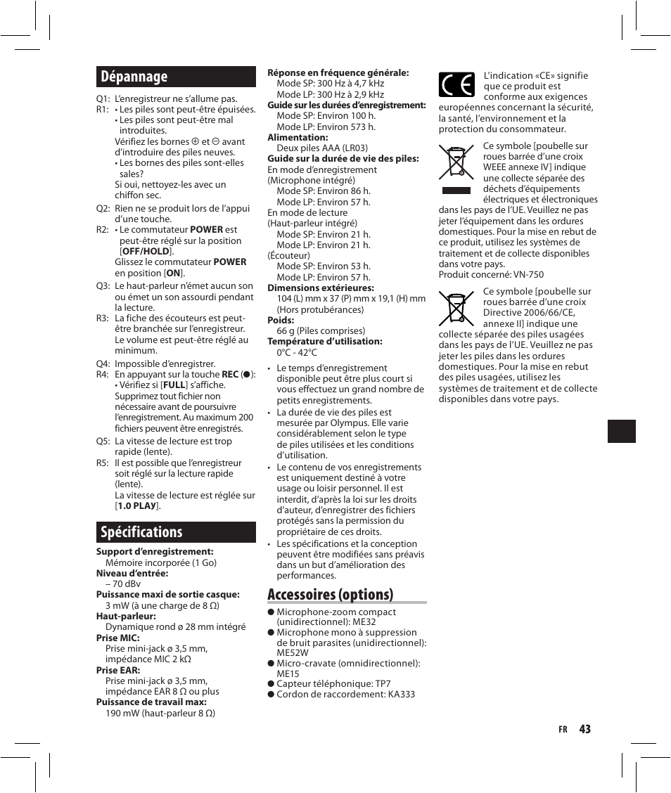 Dépannage, Spécifications, Accessoires (options) | Olympus VN-750 User Manual | Page 43 / 92