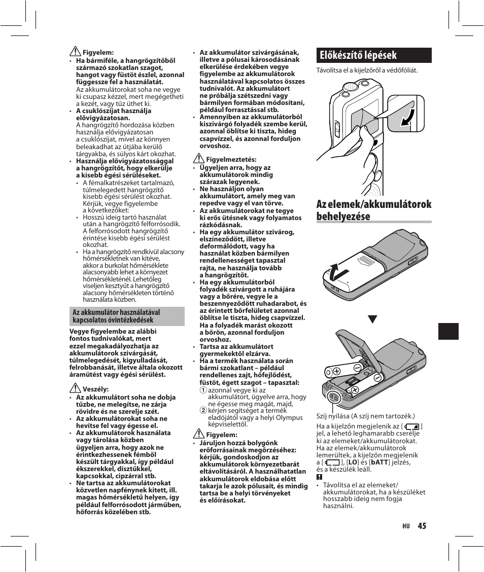 Előkészítő lépések, Az elemek/akkumulátorok behelyezése | Olympus VN-750 User Manual | Page 45 / 92