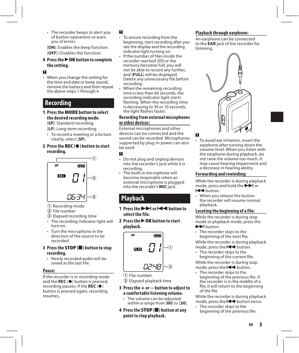 Recording, Playback | Olympus VN-750 User Manual | Page 5 / 92