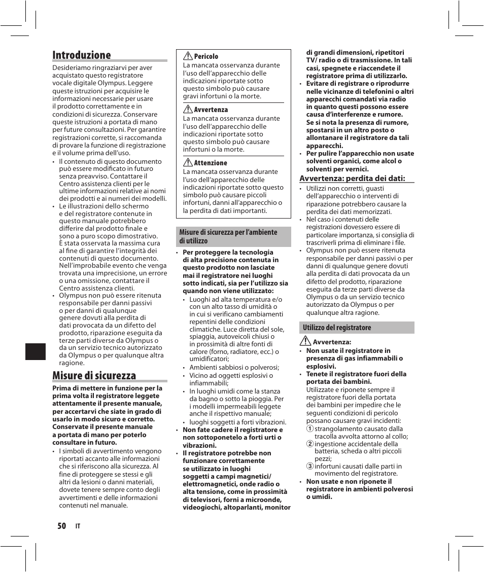 Introduzione, Misure di sicurezza | Olympus VN-750 User Manual | Page 50 / 92